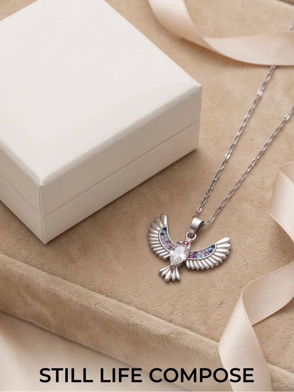 Sterling-Style Multi-Stone Bird Pendant Necklace - Pink, Turquoise & Blue Adjust